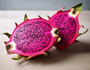 halved dragon fruit showing vibrant pink flesh and black seeds against a neutral background