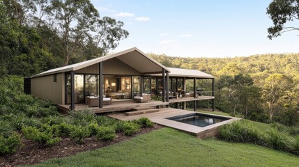 Modern hillside house with deck pool forest views