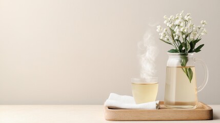 A tranquil scene featuring steaming tea and a flower arrangement in a pitcher.