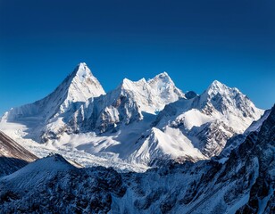 Naklejka premium snowy peaks piercing the sky framed by vibrant blue and stark white