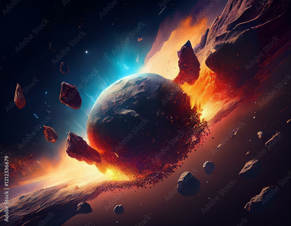 Sticker a illustration of the of rocks dust and debris falling outer space planet exploded