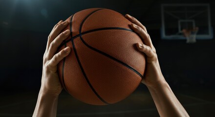Close-up of hands holding basketball before shooting in dimly lit court