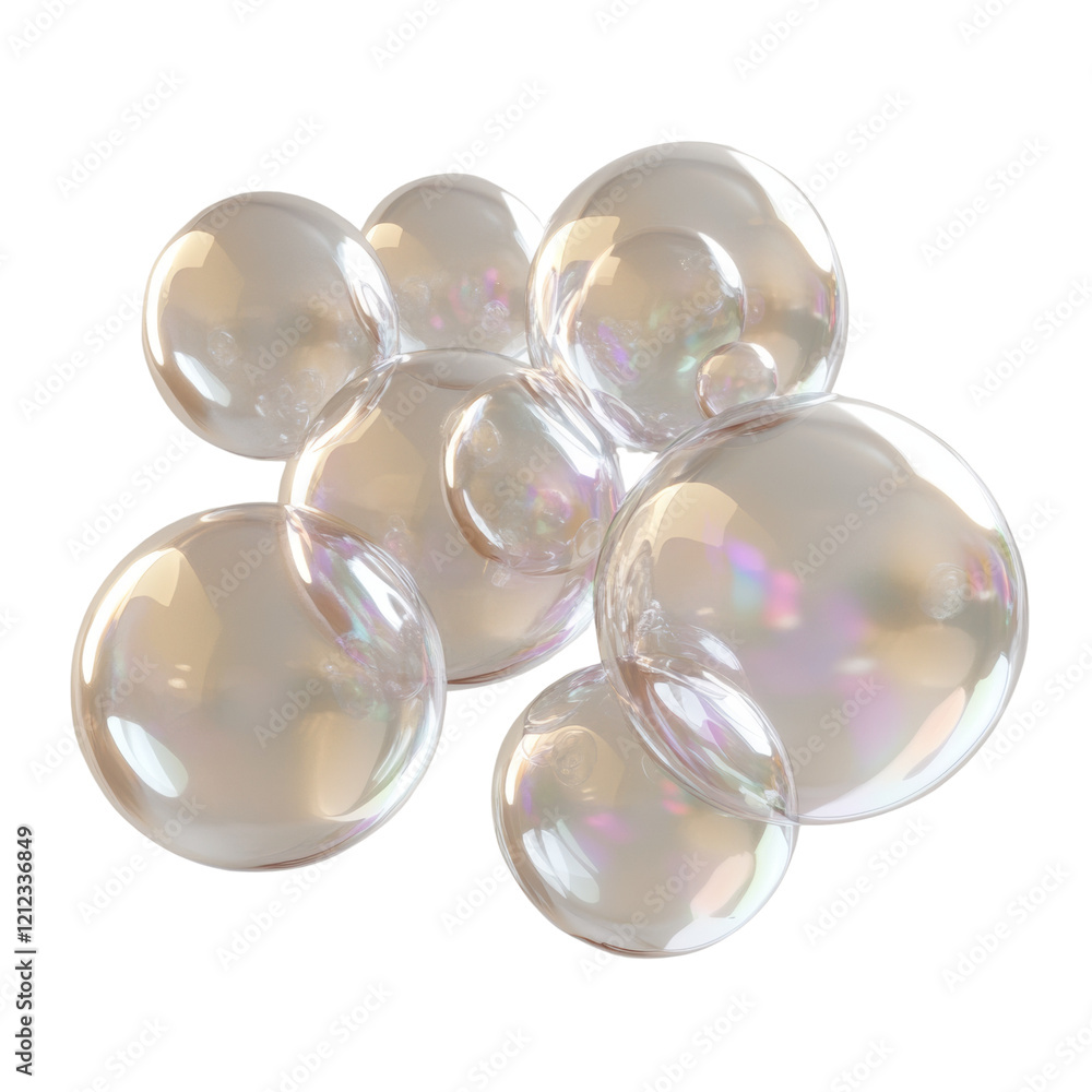 Poster A cluster of iridescent, translucent spheres floats against a muted beige backdrop creating an abstract and elegant visual.