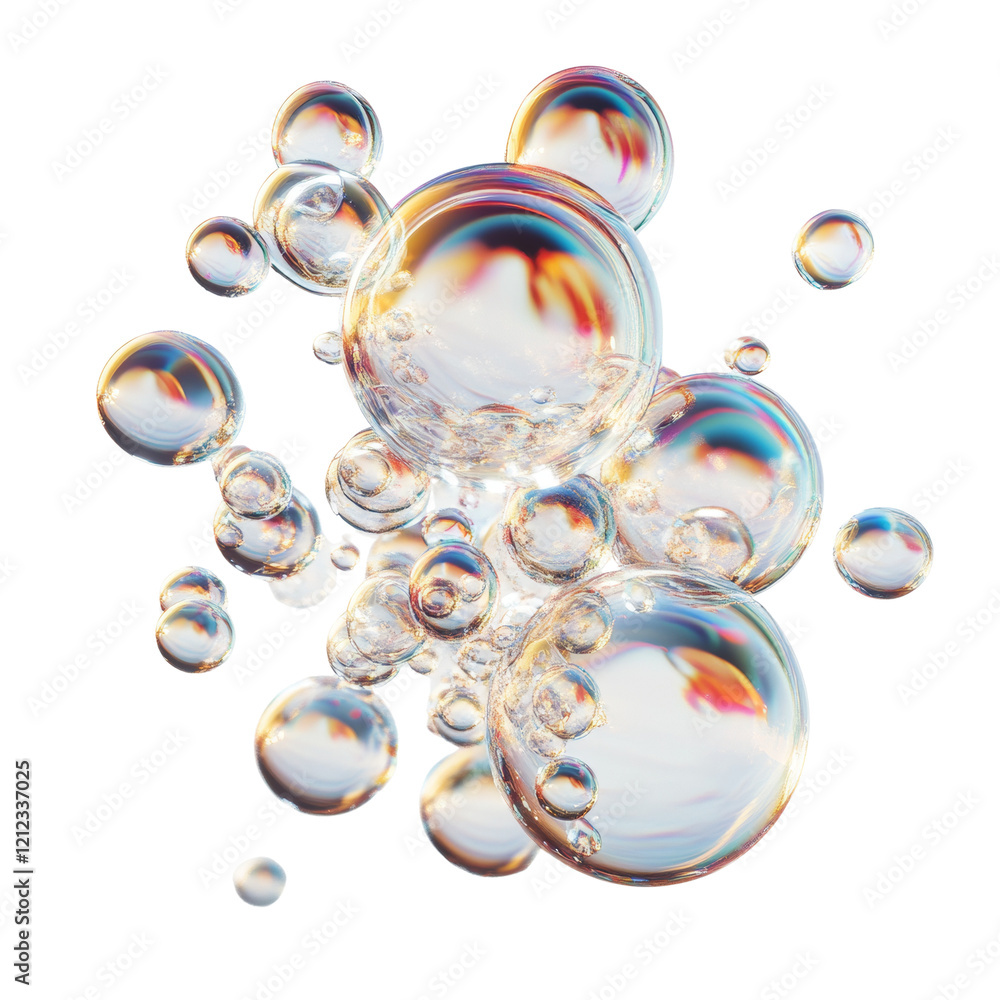 Poster a cluster of iridescent bubbles of varying sizes floats in a clear liquid against a light background