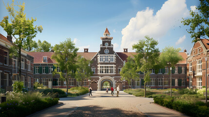 Fototapeta premium Sunny Day at a Prestigious Dutch University: A Blend of Academic Prestige and Architectural Beauty