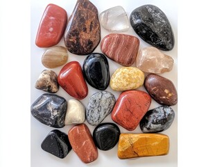 Naklejka premium A collection of various polished stones arranged aesthetically.