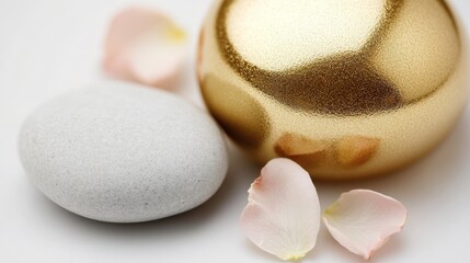 A serene composition of a gray stone, a gold sphere, and delicate flower petals.
