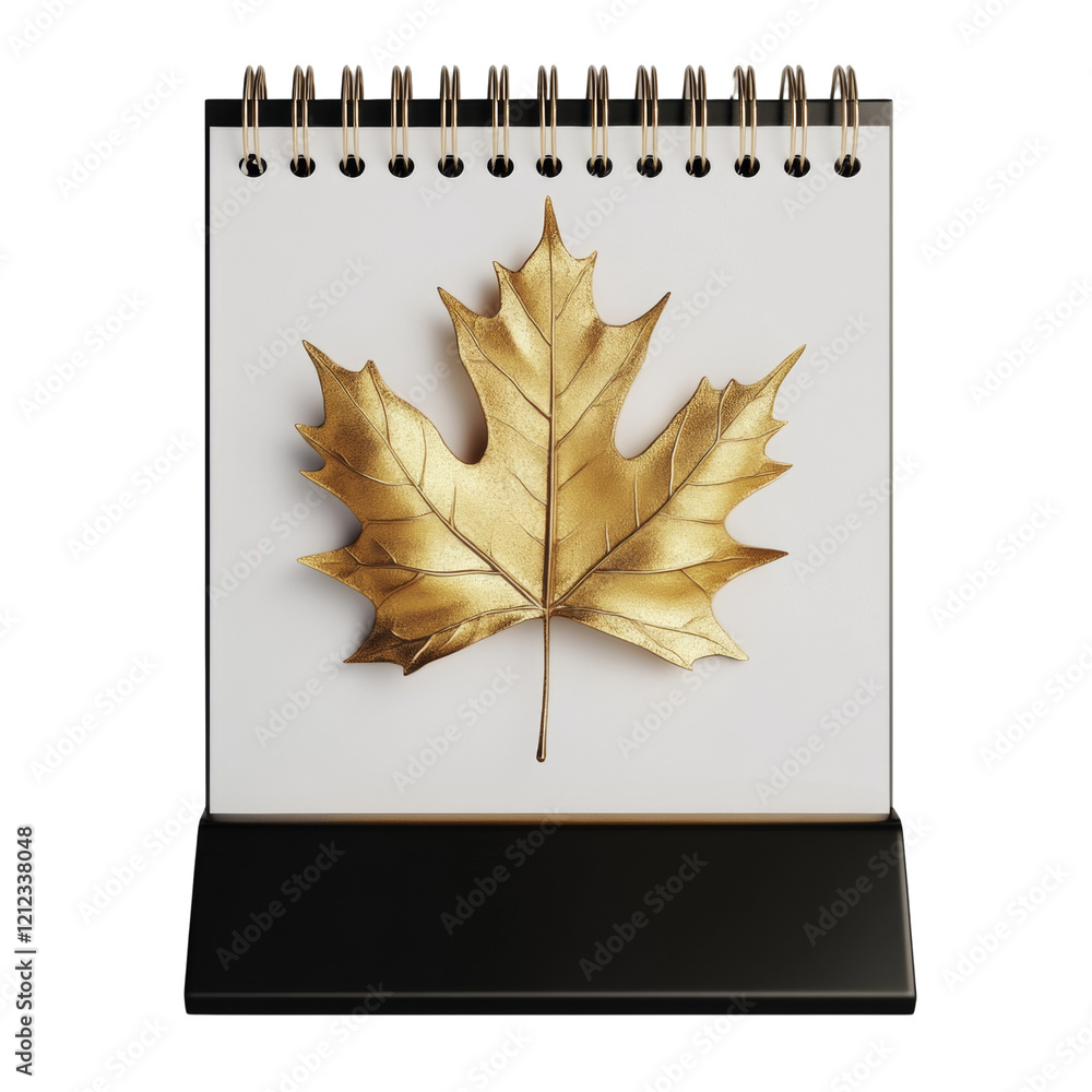 Poster a minimalist image featuring a gold maple leaf on a small, black desk calendar.