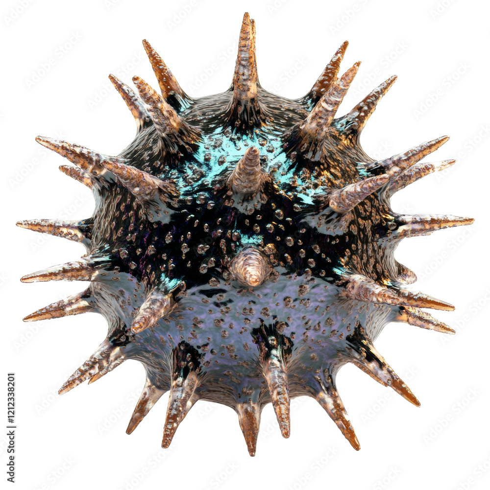 Poster A detailed 3D rendering of an abstract virus, showcasing its iridescent texture and numerous sharp spikes against a white background.