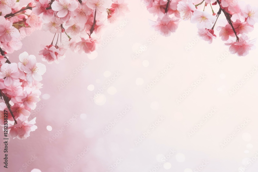 Poster cherry blossom branches creating a delicate frame on a soft pink bokeh background, perfect for sprin