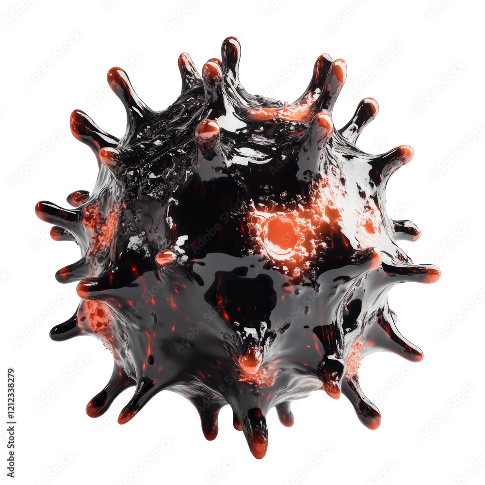 Poster A 3D rendered abstract image depicts a virus-like structure with a dark and glossy texture, featuring red and black colors.