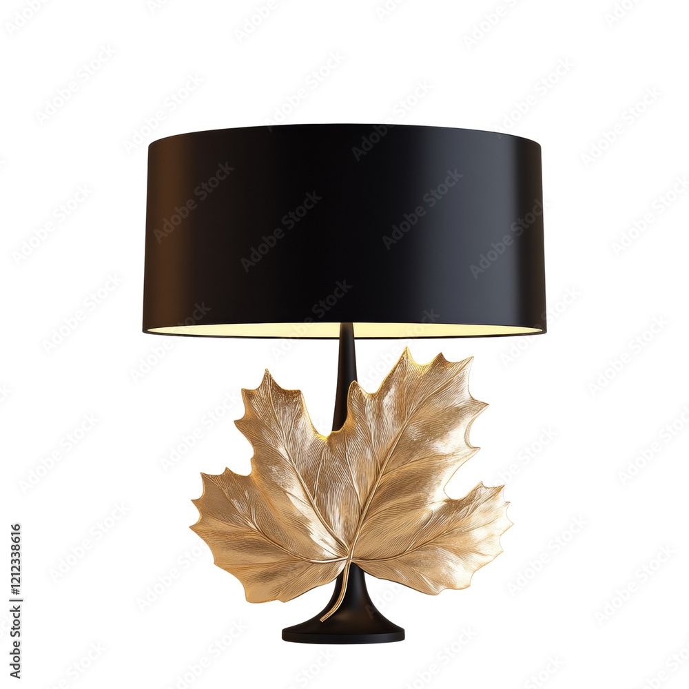 Poster a stylish table lamp features a gold leaf base and a black cylindrical shade providing a blend of na