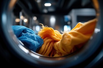 Vibrant scarves of different hues tumble inside a washing machine in action, capturing the motion and lively colors symbolizing freshness and cleanliness in everyday life.