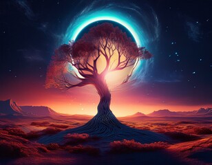 surreal landscape with glowing eclipse twisted tree