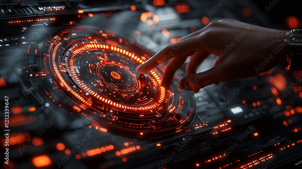 Poster hand interacting with futuristic glowing interface.