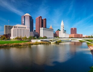 Fototapeta premium downtown cityscape panoramic looking over the scioto river and the discovery bridge along the riverfront park in the city of columbus ohio usa