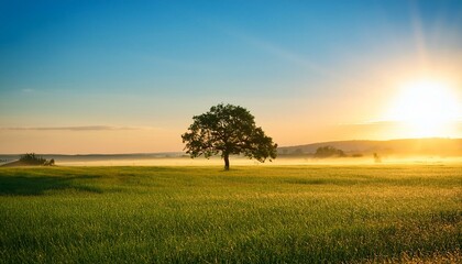 a lone tree stands in a field at sunrise bathed in golden light the sky is a soft blue and the grass is a vibrant green