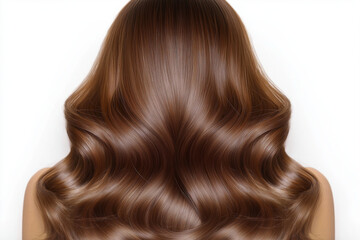 Fototapeta premium Dark brown, shiny, and wavy hairstyle on a white background. Close-up of the back of a woman's long, curly, dark chestnut-colored head with flowing waves. Luxurious, premium qualit