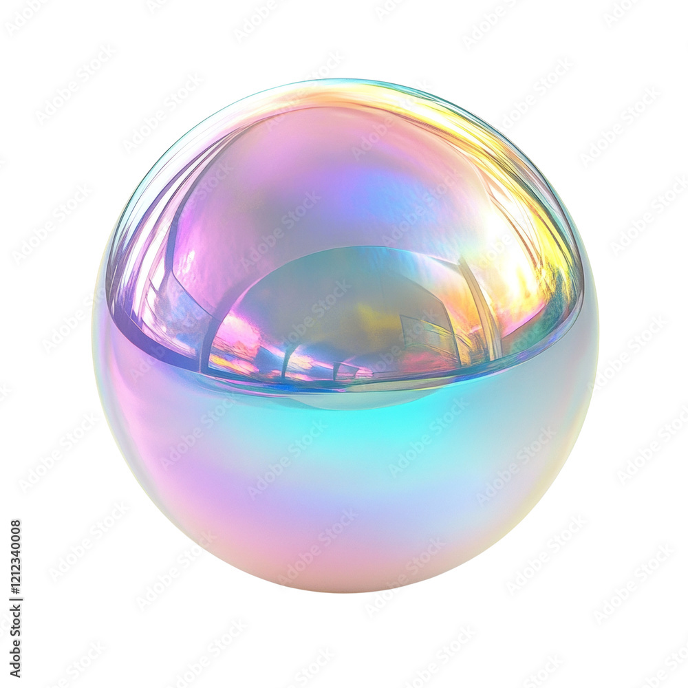 Poster A digitally rendered iridescent sphere displays a spectrum of pastel colors reflecting light creating an abstract image.