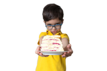 Portrait of happy boy in glasses with a birthday cake. Celebrate Happy birthday. Party. Happy family concept