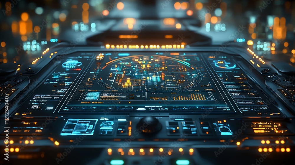 Poster futuristic control panel interface with glowing displays.