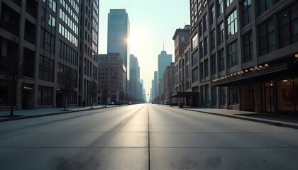 A Straight Urban Road with Tall Buildings, with Sun in the Distance on a Clear Day