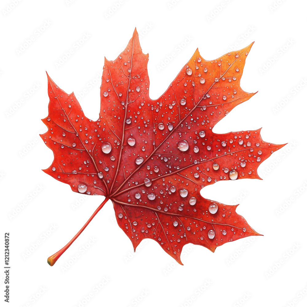 Poster a single red maple leaf with numerous water droplets rests on a clean white background showcasing au