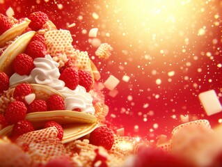 A colorful dessert scene featuring whipped cream, raspberries, and crunchy toppings against a vibrant background with a warm glow.
