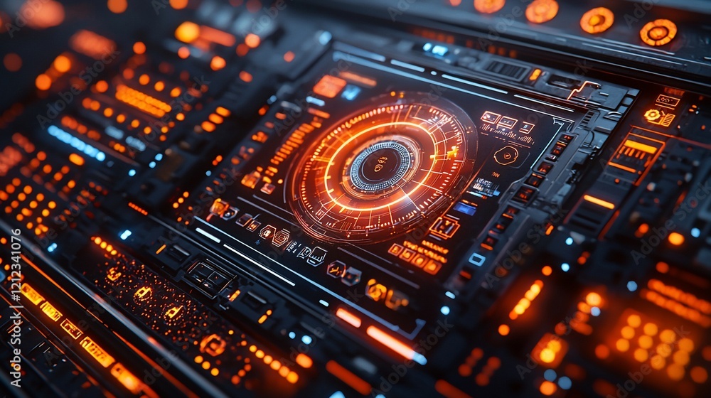 Poster futuristic technology interface with glowing orange circular display.