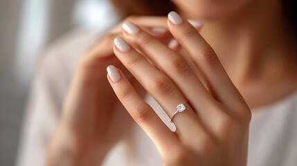 A woman is applying a cosmetic serum onto her fingers. 