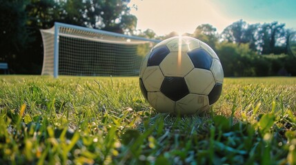 Obraz premium Football ball on field at bright sunlight image, ai generated. Old inventory item of soccer game photography scene wallpaper. Playing active sports game for fun concept photorealistic photo