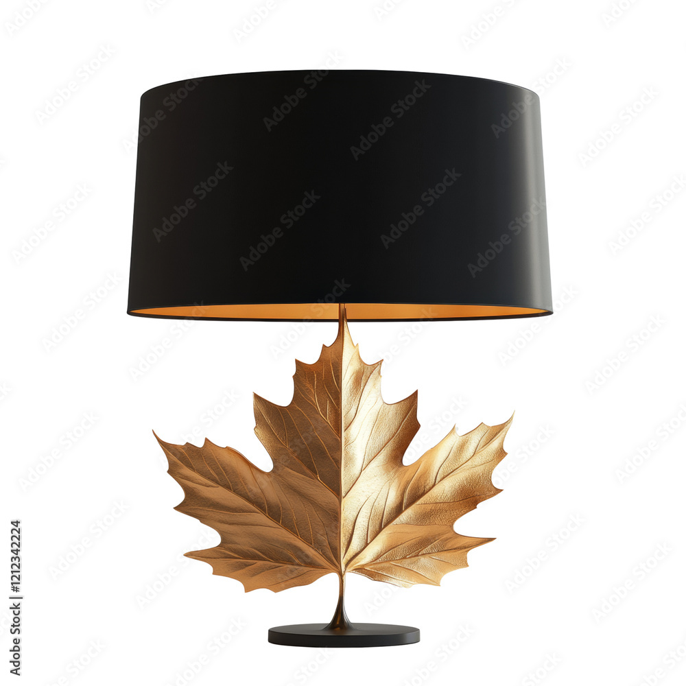 Poster a stylish table lamp features a gold maple leaf base and a black cylindrical shade providing ambient