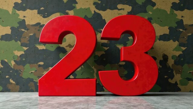 Bold red numbers "23" stand against a background with a camouflage pattern. Concept of the Defender of the Fatherland Day on February 23rd.