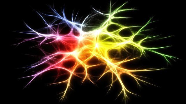 An abstract digital brain with neural pathways lit up in vivid colors.