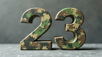 The number 23 with a camouflage pattern stands against a gray background. Concept of a military-themed celebration on February 23rd.