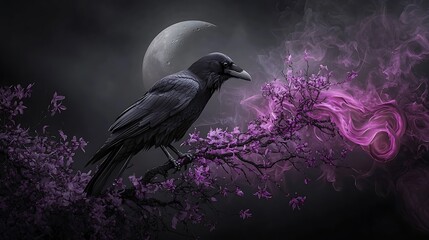 Night raven perched on blooming branch, crescent moon backdrop, mystical smoke. Fantasy art for gothic, fantasy, or mystical themes