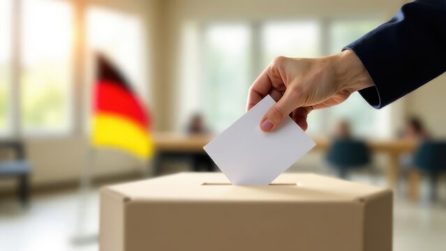A hand places a ballot into a voting box with a blurred German flag and people in the background.
Concept of democratic election process in Germany. Bundestagswahl 2025