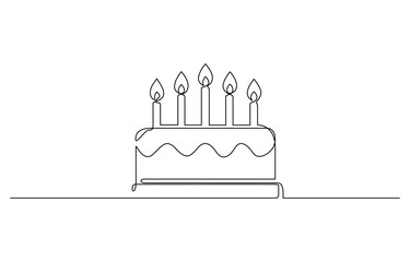 Continuous one line drawing of birthday cake with candles, One Continuous Line Drawing of Happy Birthday Icon. Single Line Vector Illustration.