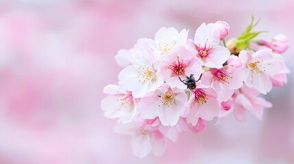 Fototapeta premium Cherry blossom branch blooming with delicate pink flowers in a garden during spring.