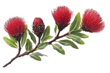 Vibrant Pohutukawa Blooms: Long Red Flowers with Lush Green Leaves, Botanical Beauty tree plant flora