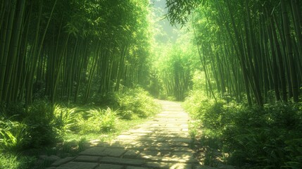 Obraz premium Serene bamboo forest path sunlight dapples through leaves. Peaceful atmosphere