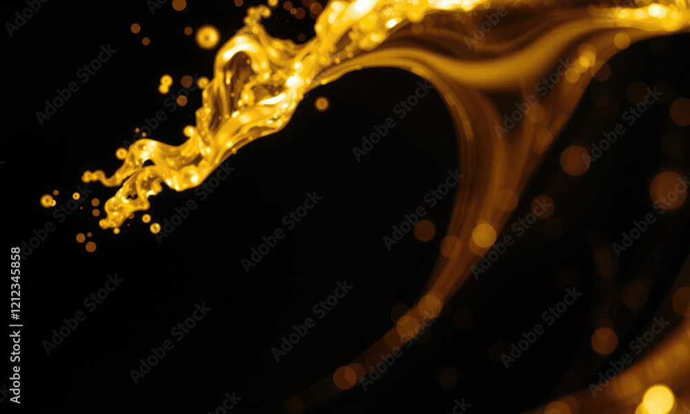 Poster golden liquid splash with fluid motion and bokeh effect on dark background, creating sense of elegan