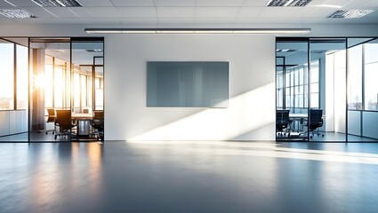 Blank white wall in concrete office with large windows Mockup 3D rendering 