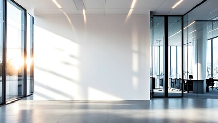 Blank white wall in concrete office with large windows Mockup 3D rendering 