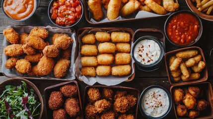 A selection of frozen appetizers such as mozzarella sticks and chicken nuggets styled on a parchment-lined tray.