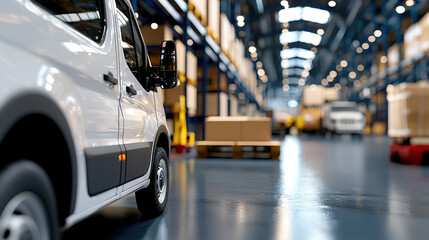 Naklejka premium delivery van is parked in spacious industrial warehouse, ready for loading