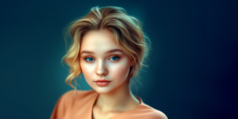 Naklejka premium Portrait of a young beautiful fashionable woman, blue background