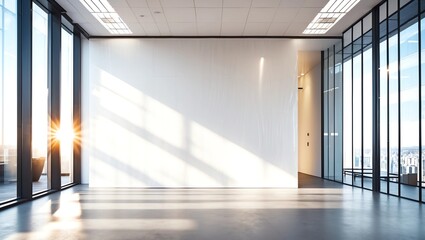 Blank white wall in concrete office with large windows Mockup 3D rendering