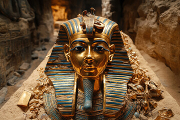 Golden funerary mask of Tutankhamun displayed in a sacred tomb, surrounded by ancient treasures and intricate hieroglyphic carvings, symbolizing the splendor of ancient Egyptian royalty
