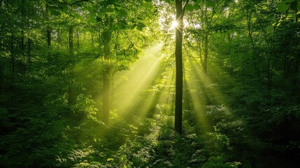 Obraz premium Lush green forest with sunlight filtering through the trees, top view.